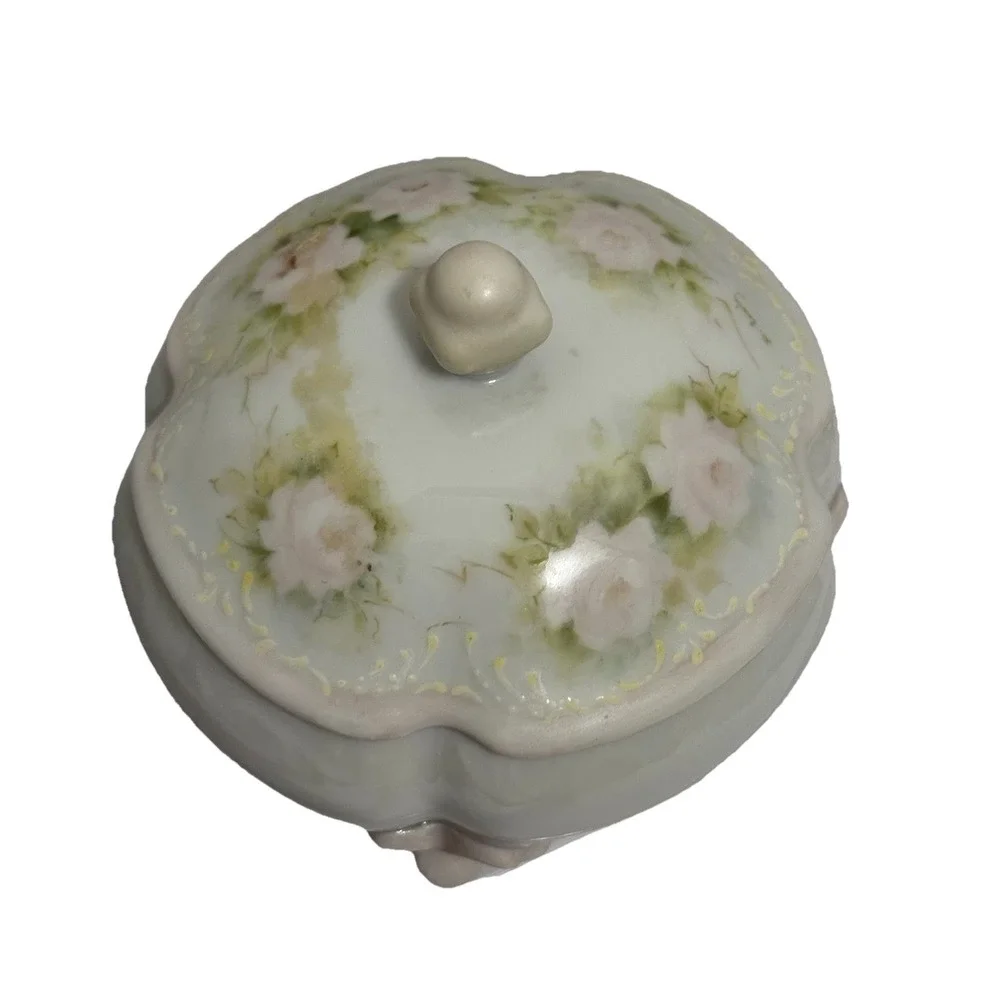Vintage‎ Ceramic Powder Jar/Trinket Box, Off White with Handpainted Pink Roses